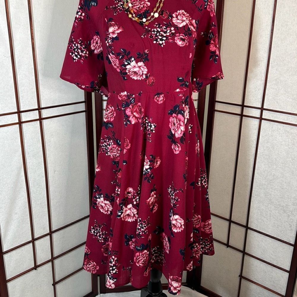 Torrid Cranberry floral dress with bell sleeves 10
